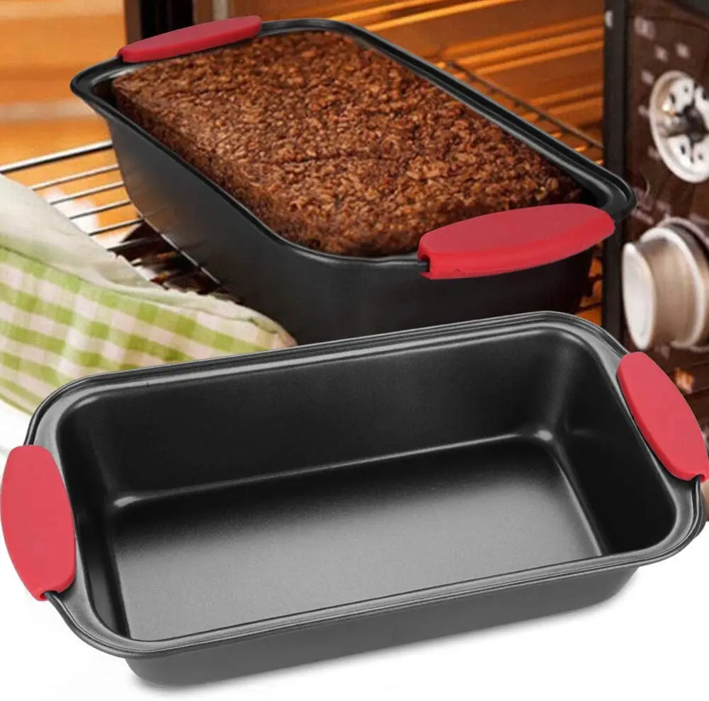 

Customized Easy to Clean Carbon Steel Metal Non-Stick Coating Bread Loaf Pan With Silicone Handles for Bakeware Baking Tray Set, Black