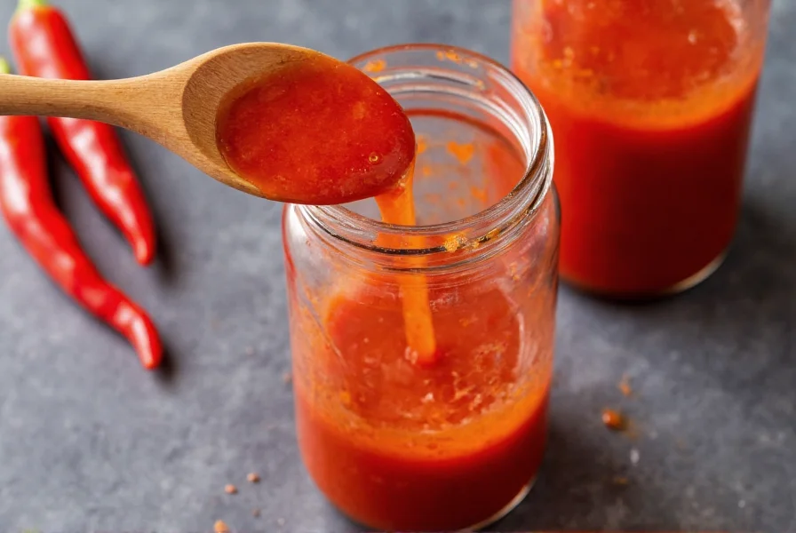 Homemade chili sauce being poured from blender into sterilized glass bottle with wooden spoon and fresh chilies nearby