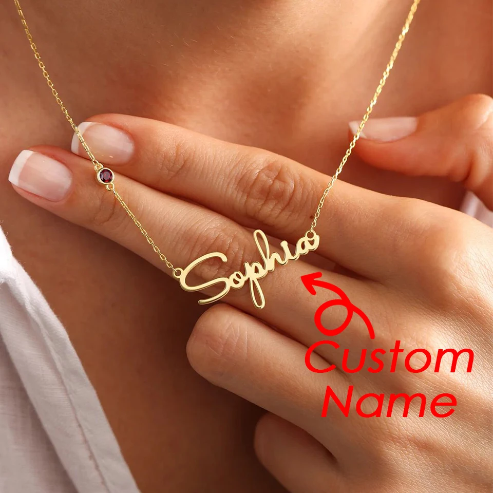 EManco Custom Birthstone Name Necklace Personalized Letter Nameplate Stainless Steel Pendant Link Chain Trendy