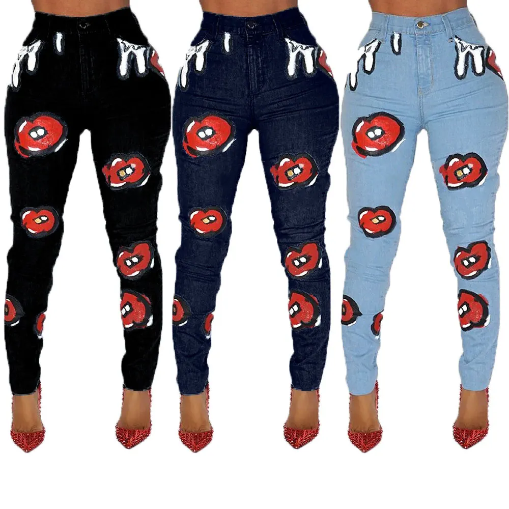 

20720-MX36 character printed pencil denim jeans plus size for women sehe fashion