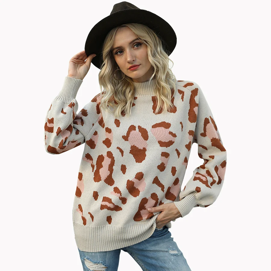 

Hot Sales Women's Long Lantern Sleeve Leopard Pullover Knitted Turtleneck Loose Sweater Tops