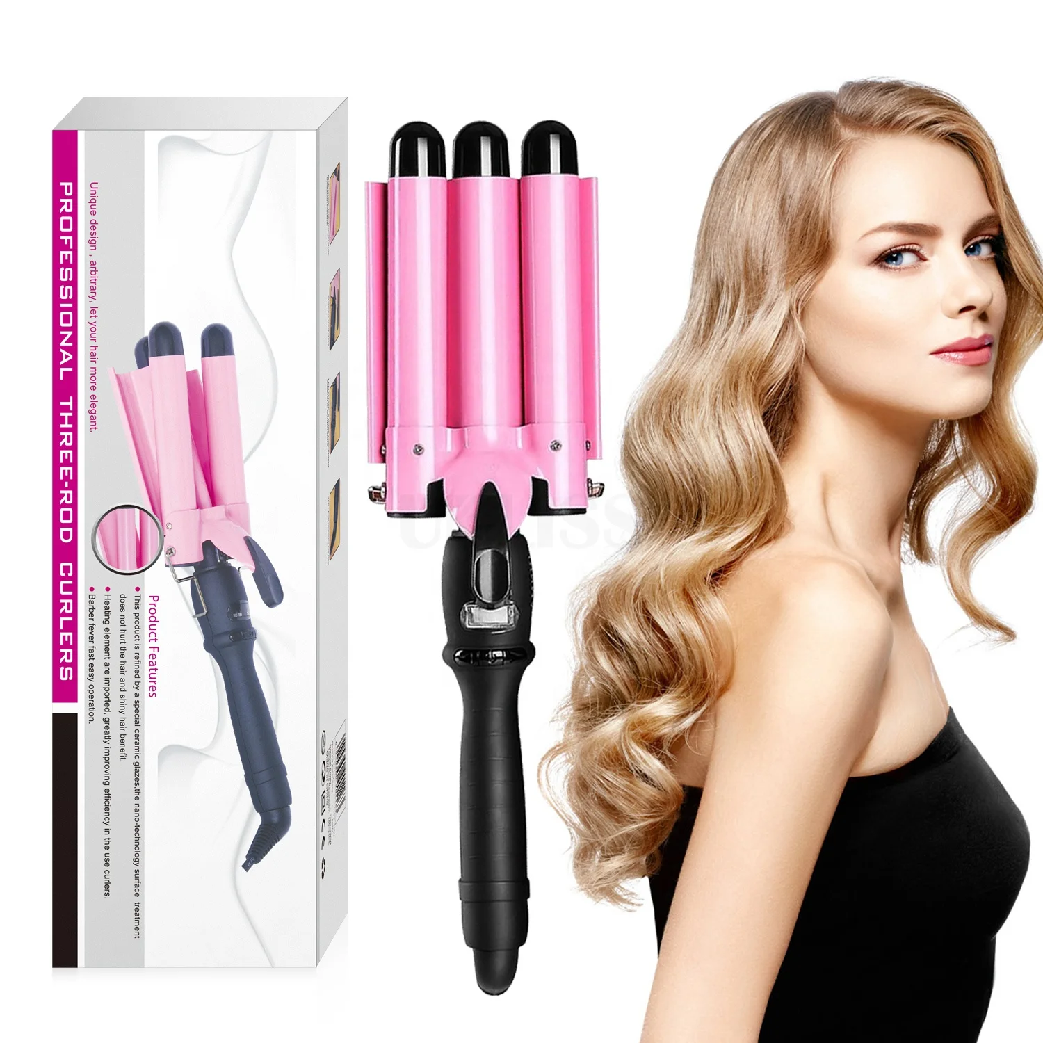 

Hotsales Hair Curling Iron Three Barrel Ceramic Ionic Automatic Lcd Big Wave Curler With Triple Barrel Hair Waver Hair Curler, Pink gold