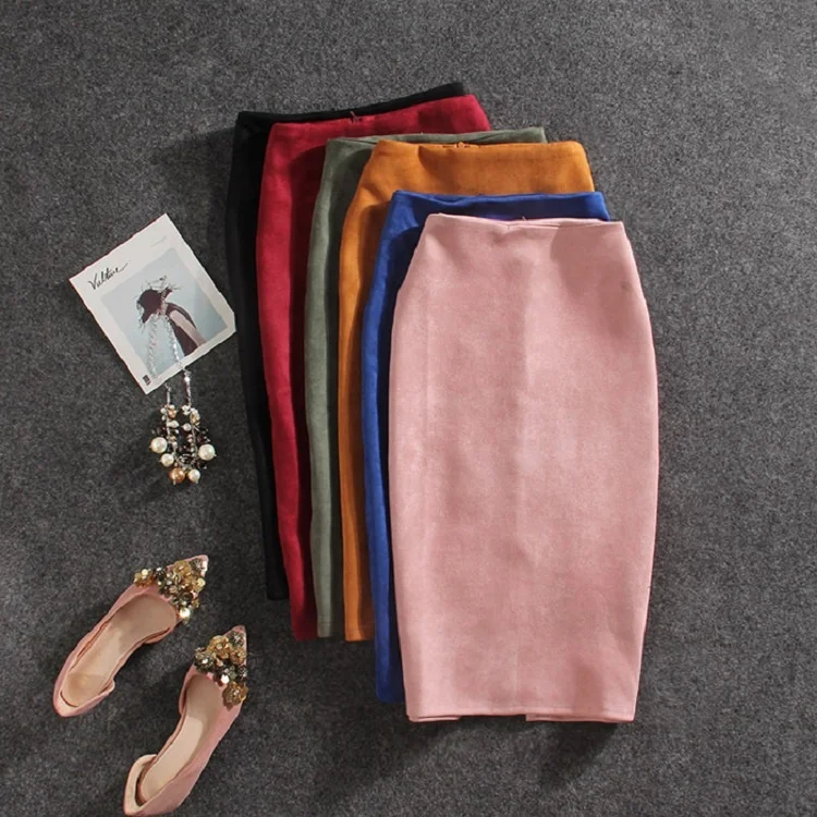 

Mid-length back slit bag hip skirt suede solid color professional pencil one-step skirt, Black,pink,wine,dark blue,dark gray,dark apricot,apricot,etc