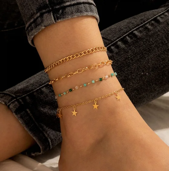 

HOVANCI Hot selling Multi layers Gold Pentagram Ankle Bracelets Link Chain Anklets For Women, Gold silver