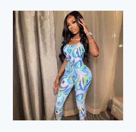 

AYP1041 Backless Skinny Spaghetti Strap Aesthetic Print One Piece Jumpsuit Bodysuits For Women