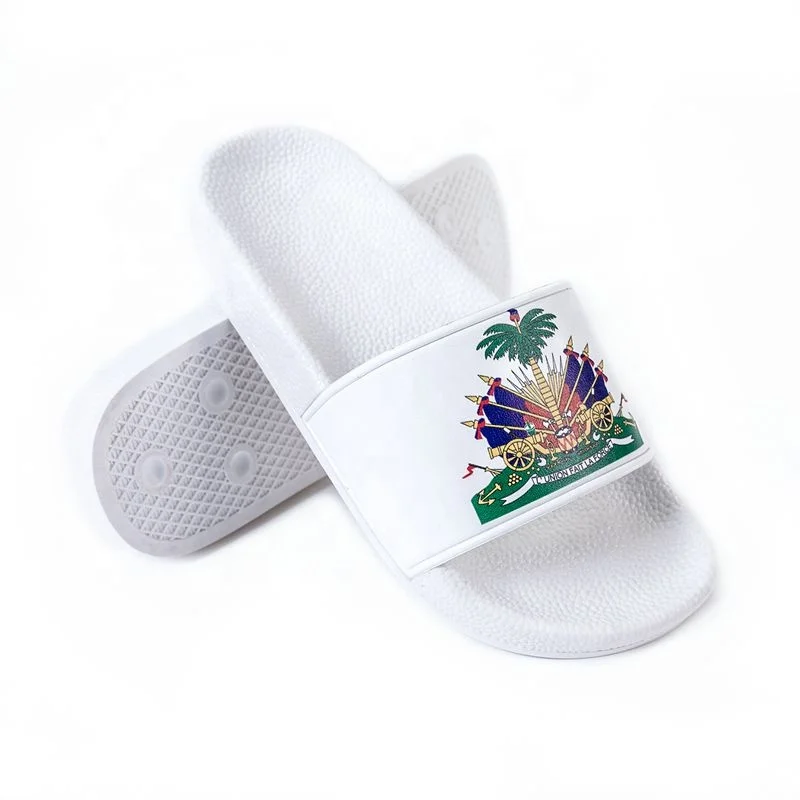 
2020 Hot Sale High Quality PCU Sole PVC Strap Red Custom Haiti Flag Slide Sandals With Logo Design Flip Flops 