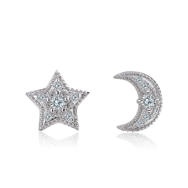 ESMS001 S925 Sterling Silver Geometric Moon Star Stud Earring Rose Gold Plated Cubic Zircon for Anniversary Party Gift
