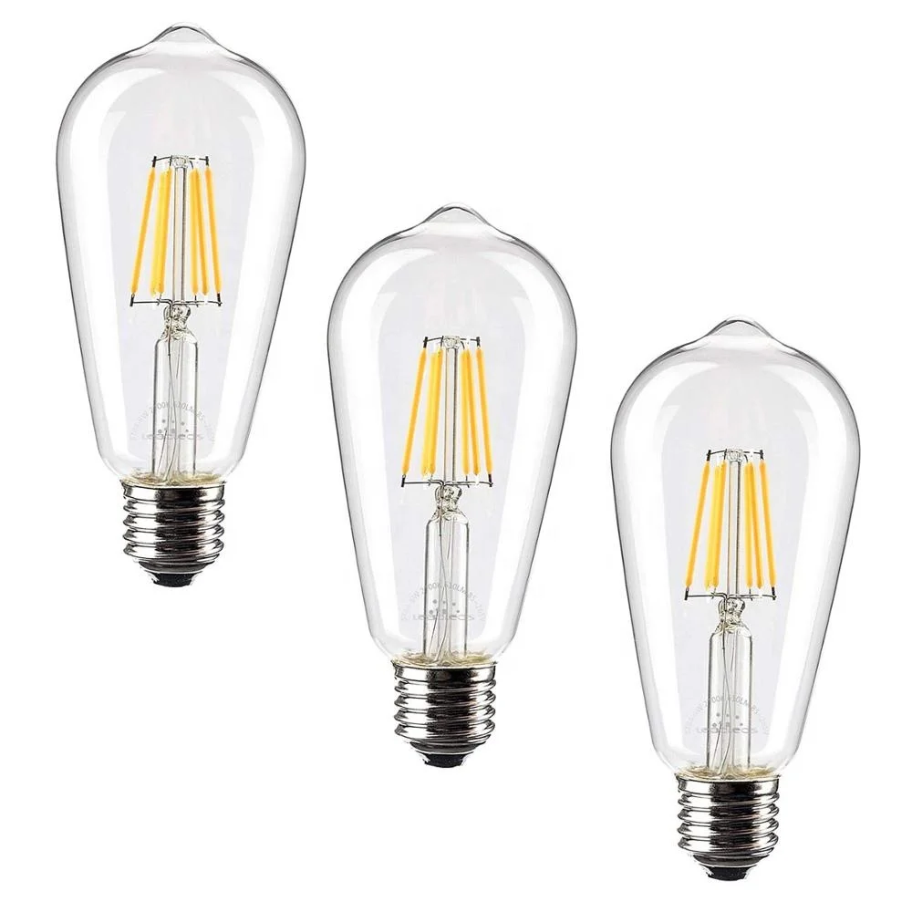 High quality glass cover decorative Lamp 3 Pack 6W 360 degree Led Edison Filament Bulb ST64 E27 Dimmable long lifespan