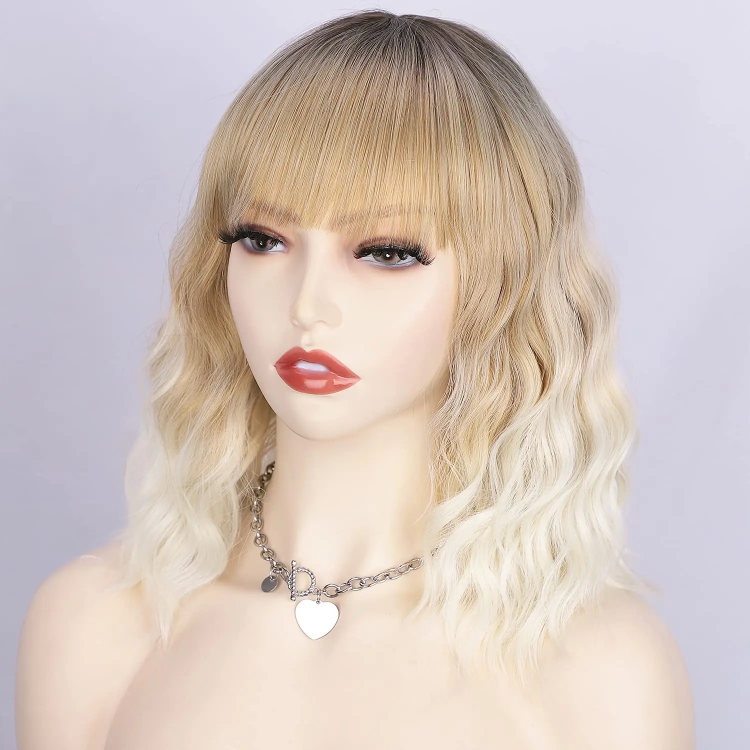

Multiple color synthetic Short Bob Wig water wave short wavy Curly Bob Wig with Bangs Brown to Blonde Ombre Wigs for women