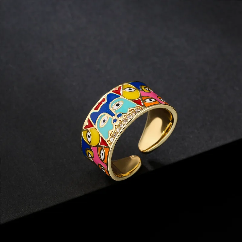 

Creative Design Colorful Oil Drip Eye Open Rings Real Gold Plated Enamel CZ Evil Eyes Ring For Women