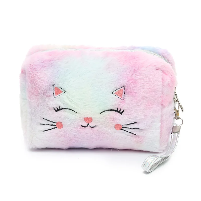 

wholesale cute plush embroidery logo lovely young girl zipper closure cosmetic bag women 2021, 5 colors can choose