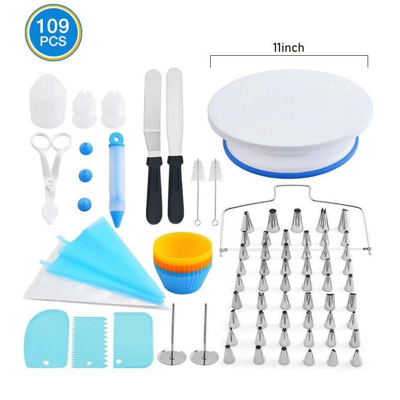 

Hot Sale On Amazon 109Pcs Cake Decorating Tools Cake Decorating Supplies Cake Rotating Turntable Baking Supplies, Silver