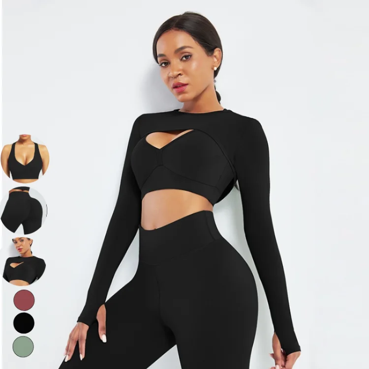 

Amazon hot selling 2021 customized women's long-sleeved, slimming and seamless exercise two-piece yoga set, 3color