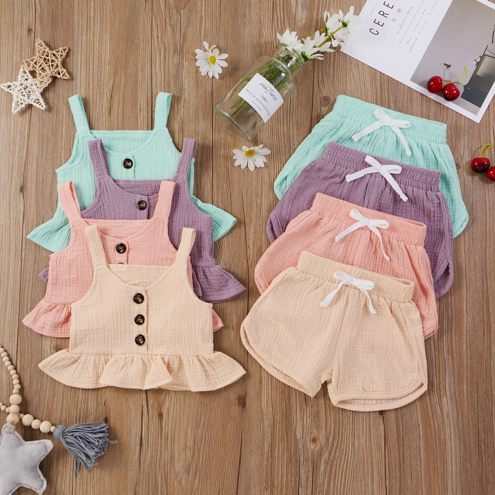 

Summer Kids Clothing Toddler Four Solid Color Crepe De Chine Sundress Top Shorts Cute 2pcs Children's Suit