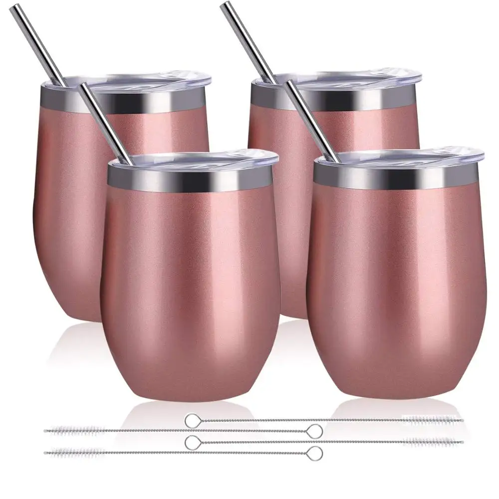 12 oz Double Wall Stainless Steel Insulated Stemless Wine Glass 4 Sets glitter Wine Tumbler with straws and Brushes