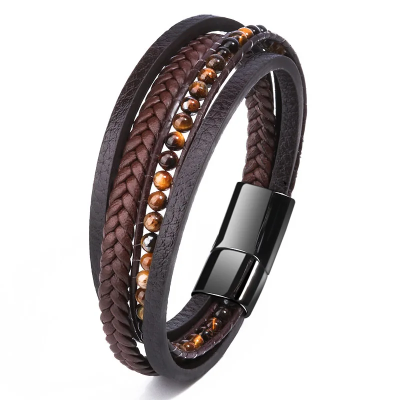 

Best Selling Stainless Steel Magnetic Clasp Tiger Eye Beaded Bracelet Multilayer Braided Leather Wrap Bracelet