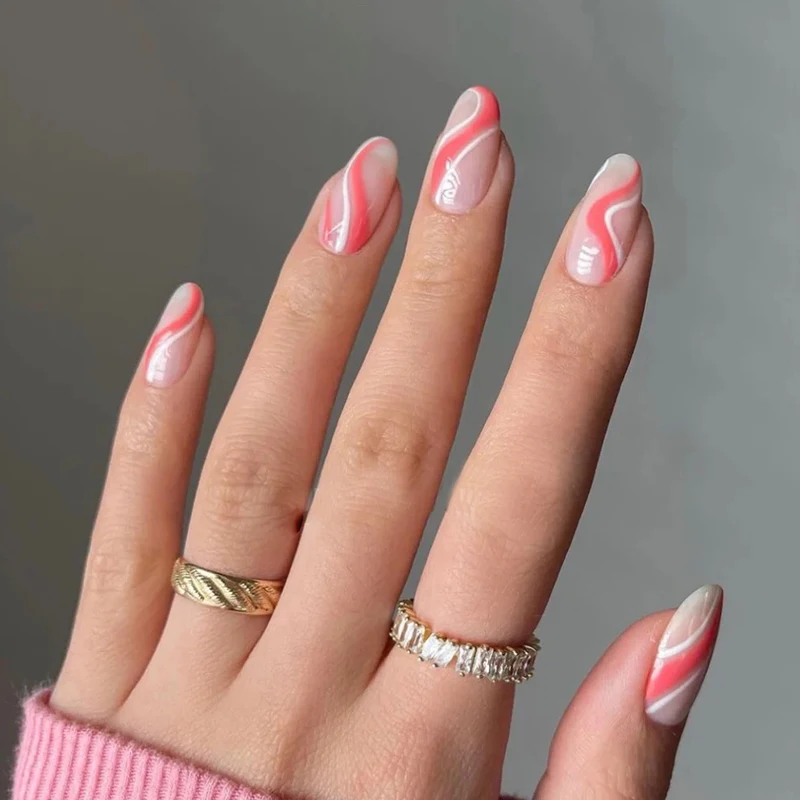 

Ombre Artificial Fingernails Jewelry Press on Nails Stiletto Fakenail False Nail Full Cover Luxury 2021 Extra Long Pink Design