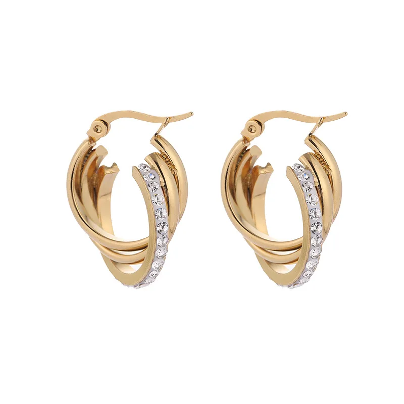 

New Titanium Steel Creative Rhinestone Earrings Wholesale Fashion Stainless Steel 18K Real Gold Hoop Twisted Earrings, Picture