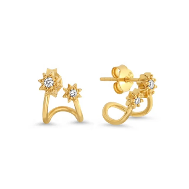 

925 Sterling Silver Jewelry Personalized Double Zircon Star MIni Delicate Stud Earrings For Women, Gold and silver