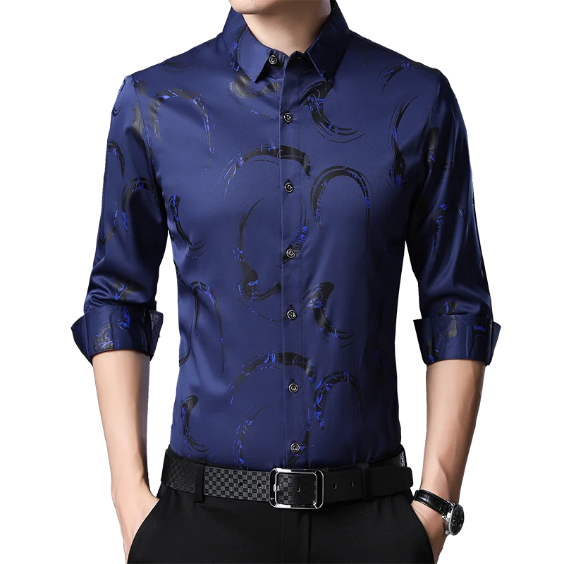 

Latest man shirt free style long sleeve peafowl print slim fit man blouse