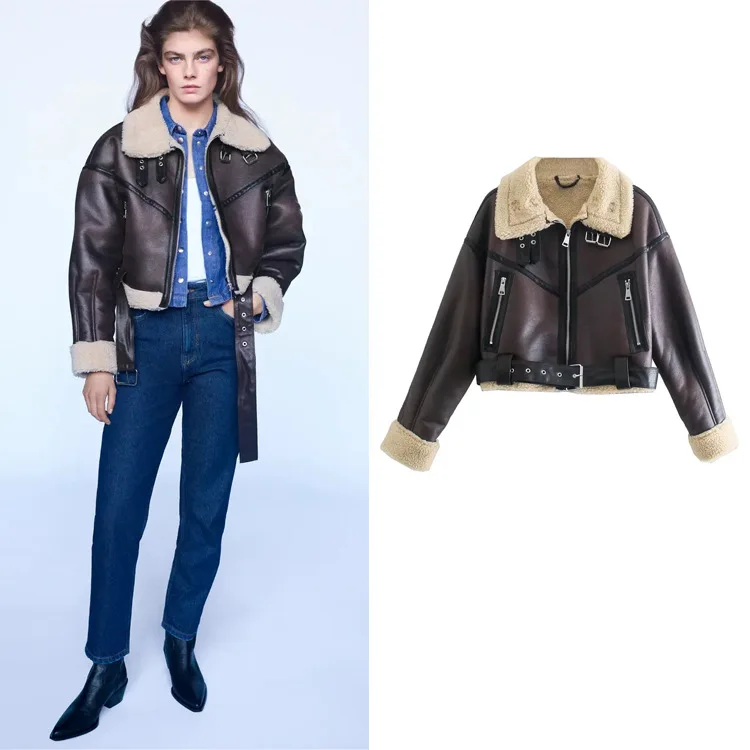 

Wholesale Autumn and Winter Street Hipster Biker Velvet Leather Jacket Slim Lapel Zipper Women's Moto Jacket