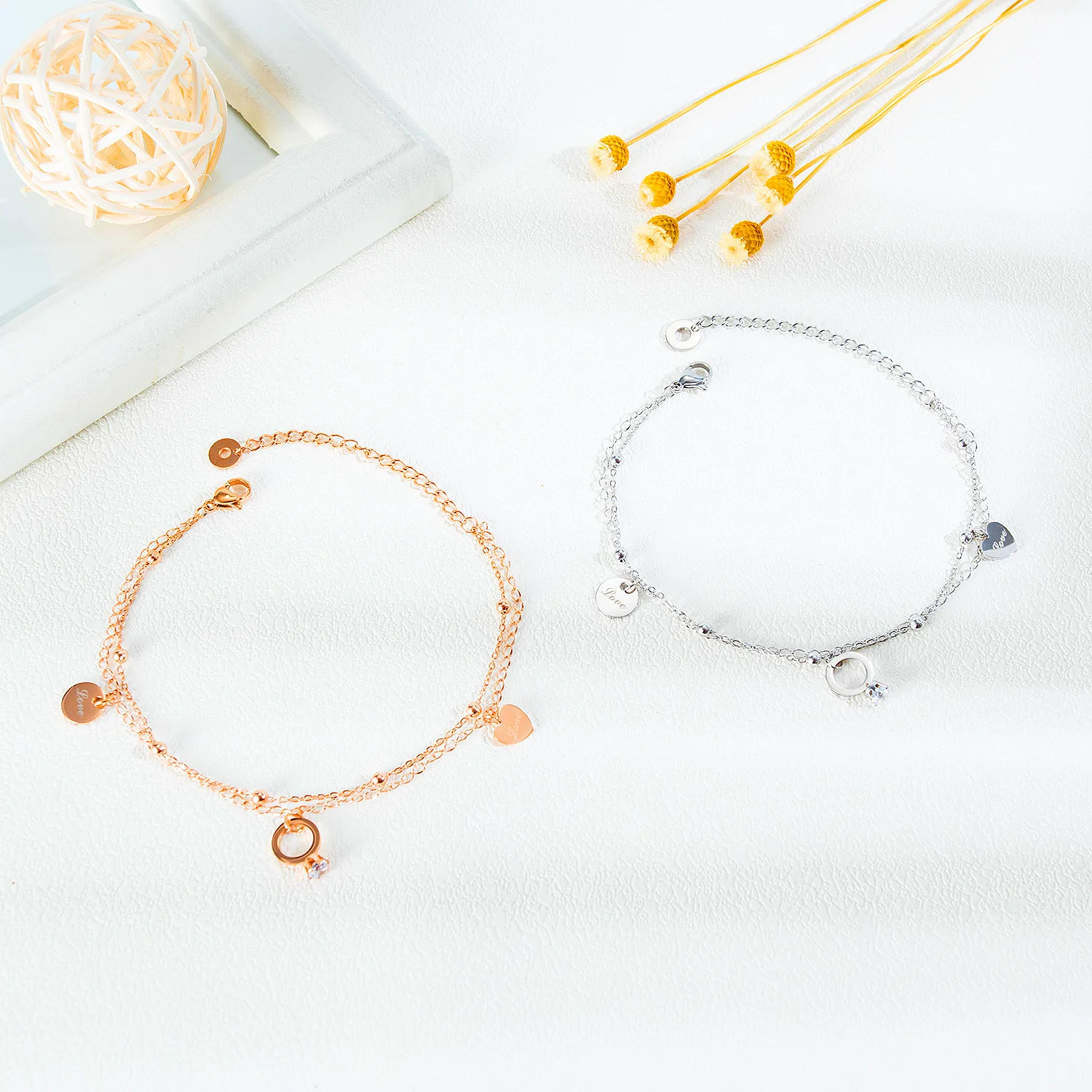 

Summer Fashion Stainless Steel Coin Pendant Love Letter Ankle Bracelet Stainless Steel Double Layer Cubic Zirconia Heart Anklet