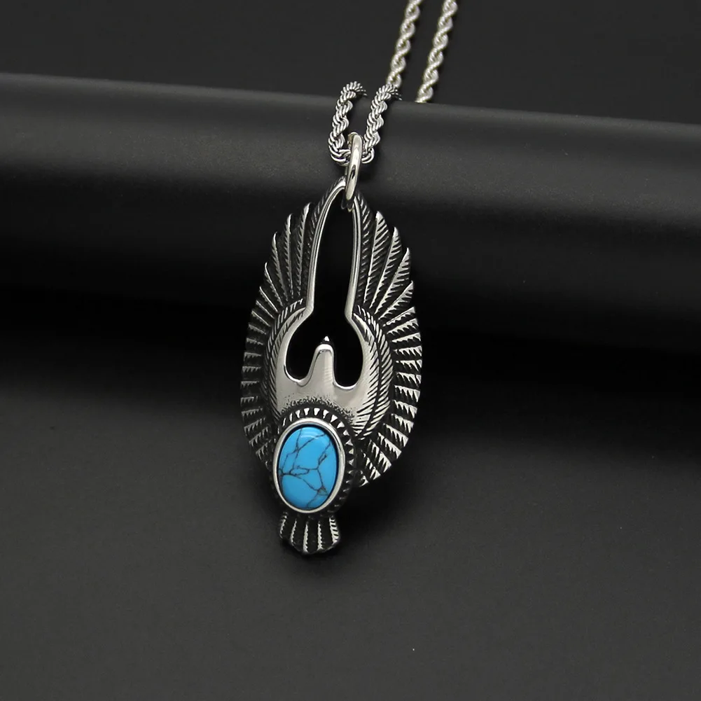 

Punk Biker Jewelry Staibnless Steel Thunderbird Wing Turquoise Hawk Eagle Pendant Necklace for Men