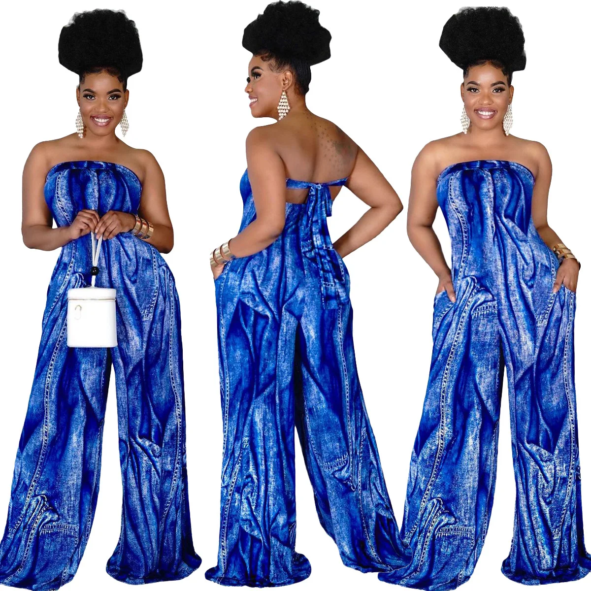 

New summer women clothing tube top sexy halter printing jumpsuit wide leg jumpsuits women clothing