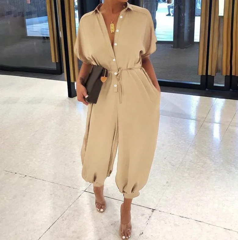 Wholesale 2026 European and American Summer New Jumpsuit Casual Jumpsuit Women's Short-sleeved Button Women's Jumpsuit