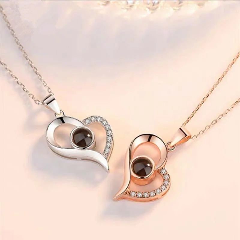 

I LOVE YOU Necklace 100 Languages Rose Gold Love Heart Choker Pendant Necklace for Couple Memory Jewelry