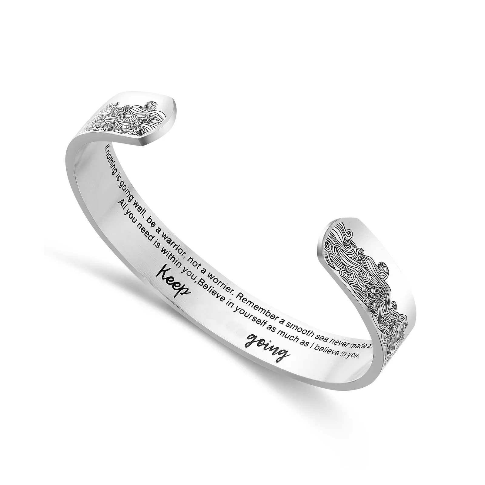

Loftily Jewelry Wave Pattern Engraved Stainless Steel Cuff Mantra Bracelets Positive Quote Inspirational Cuff Bracelet, Silver plated