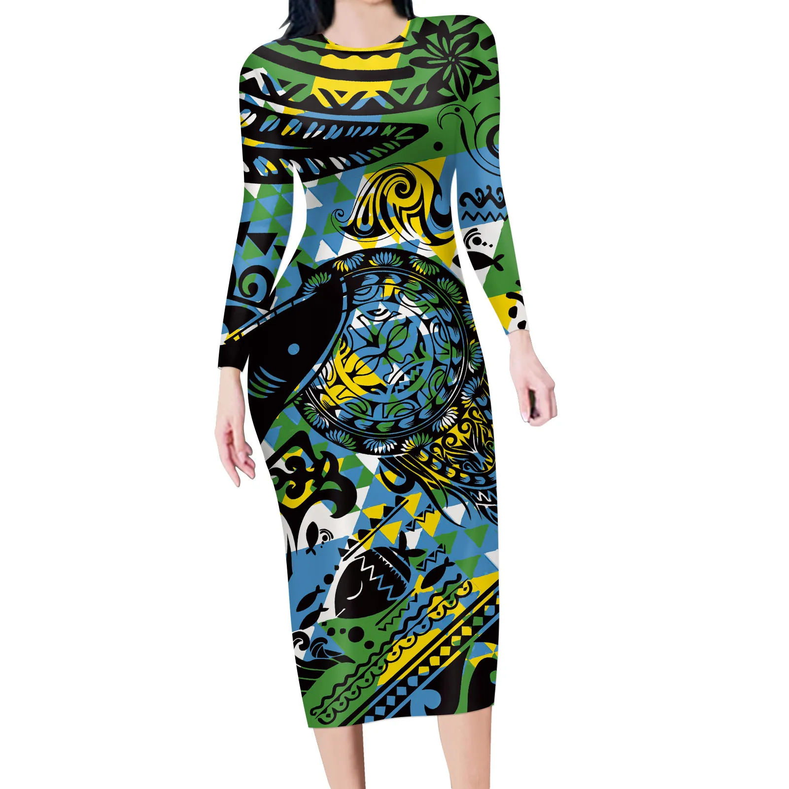

Women Polynesian Style Bodycon Dresses Ladies Long Sleeve Crew Neck Midi Black Casual Evening Dress