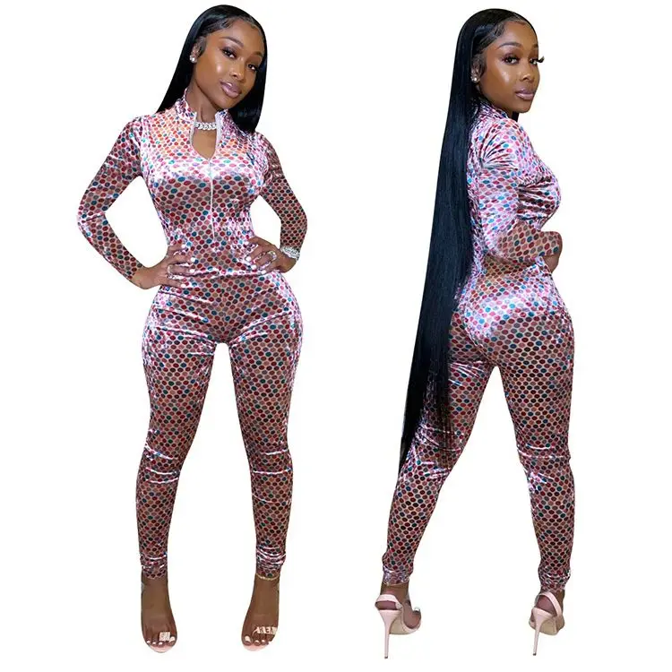11AF494 2020 casual long zipper polka dot pleuche fashion wholesale print women jumpsuits and rompers