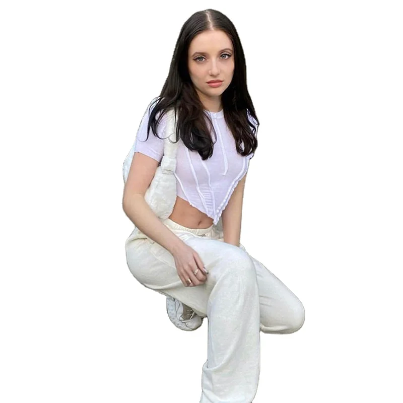 

Tops for women 2021 New Designs sexy solid color top with Round neck elegant ribbed patchwork long sleeve crop top