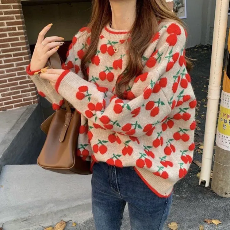 

Sweater women's loose outer wear autumn and winter New Retro cherry jacquard round neck Pullover thickened sweater long sleeve t, Customized