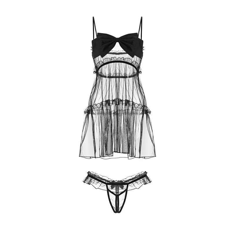 

Wholesale European And American Valentines Sexy Lingerie Hot Mesh Perspective Bow Sling Nightdress Set, Black/white