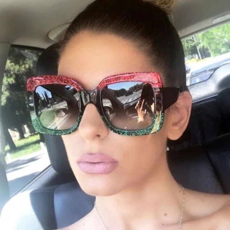 

New Trendy Fashionable Sunglasses Designer Big Square Red Green UV Protection Women Custom Logo Shades, As the picture shows