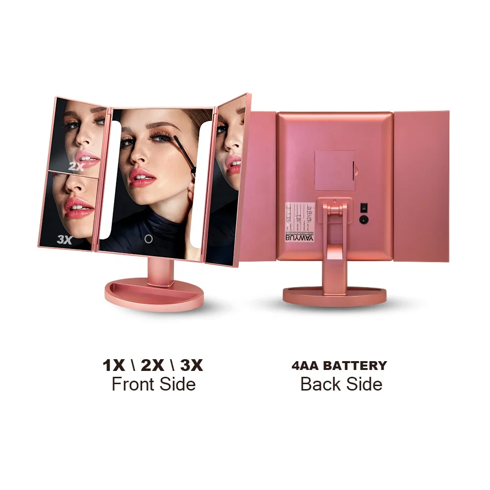 
Design illuminated tri-fold custom table top cosmetic face led light makeup mirror with logo 