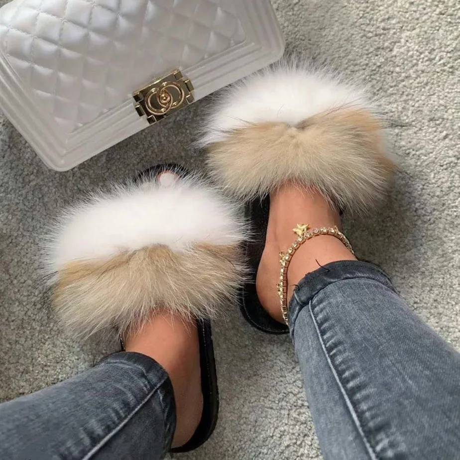 

Fur slipper sandals fox slippers fur slide mix color fox fur slipper, Color matching or can be customized according to requirements