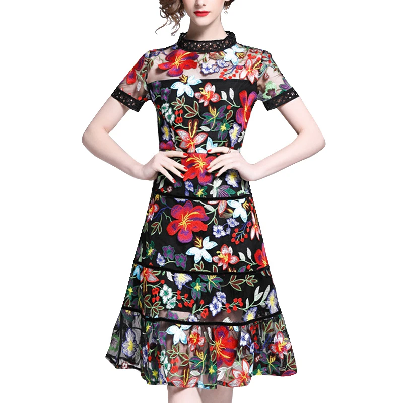 

In stock hot sale women clothing high-end customized flounced short sleeve mesh casual hollow out zipper embroidery dress, Black