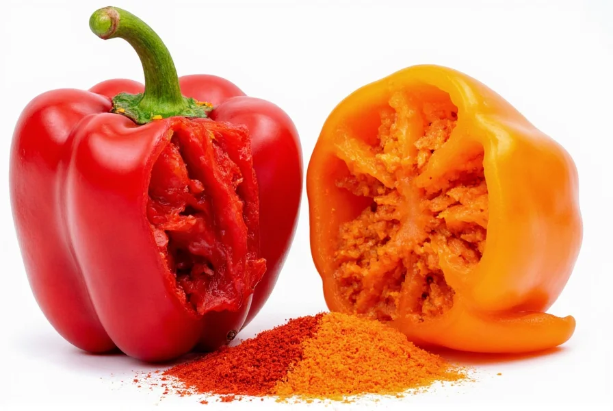 Close-up of different paprika varieties in glass jars showing color variations from bright red to deep brick