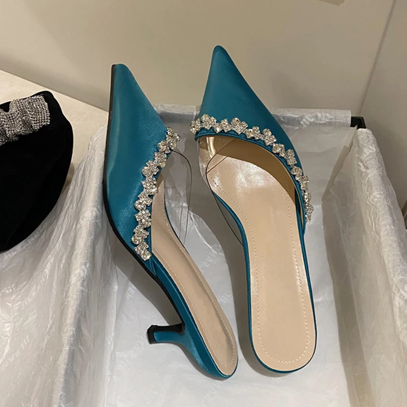 

New Pointed Toe PVC Transparent Rhinestone Straps Women Slippers Summer Sexy Concise Mule Thin Low Heel Pump Ladies Shoes