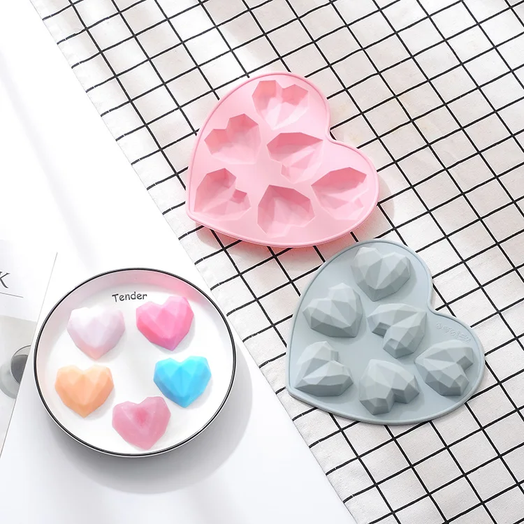 

New Arrival Non-stick 6 Cavities Mini Heart Diamond Chocolate Molds Silicone Diamond Heart Ice Molds