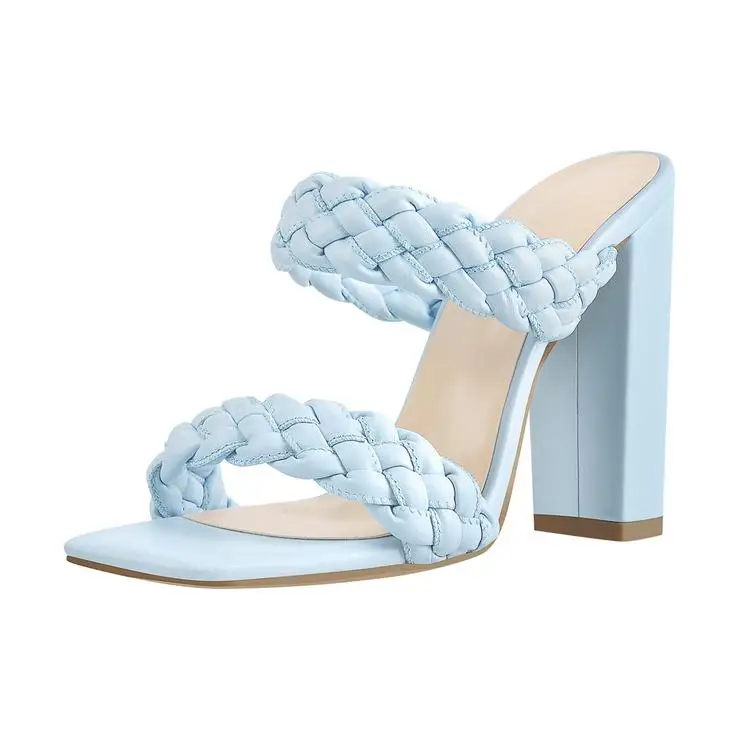 

2021 New Summer Shoes Women Blue Open Toe Chunky High Heel Mules Sandals
