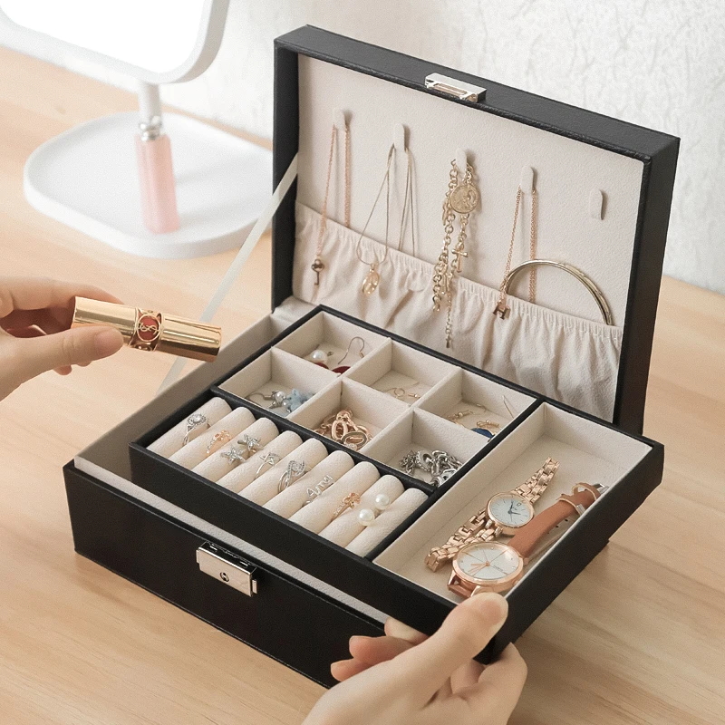 
Custom wholesale Sell well Tray Showcase Ring Luxury Display leather With lock jewelry Organizer jewelry Storage Box 