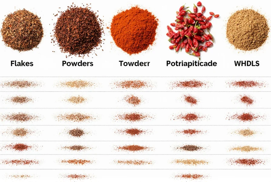 Various dried pepper options including flakes, powders, and whole dried peppers arranged for substitution comparison