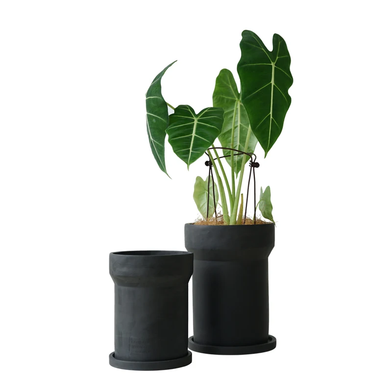 

Nordic simple style colored cement green plant pot with saucer for home garden decor, Black