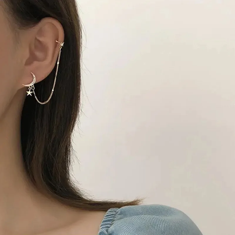 

Korean Fashion Long Chain Earrings with 925 Silver Needle Gold Cuff Earrings Ear Clip on Cartilage Holder Diamond Stud Earrings, As pics shows