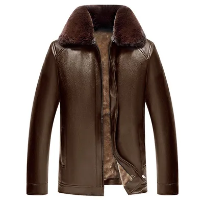 

Winter Men's Jackets Fur Collar Coats Zipper PU Jacket Fleece Lining Plus Size Jackets