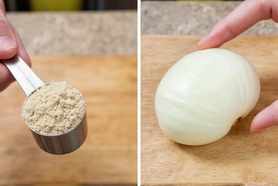 Professional chef measuring onion powder in a tablespoon against fresh onion slices for conversion reference